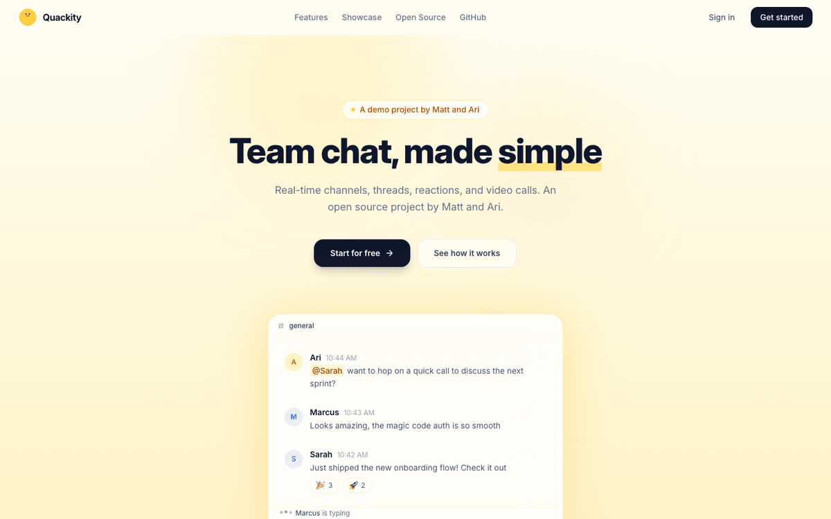 Quackity homepage, real-time team chat with channels, threads, and reactions