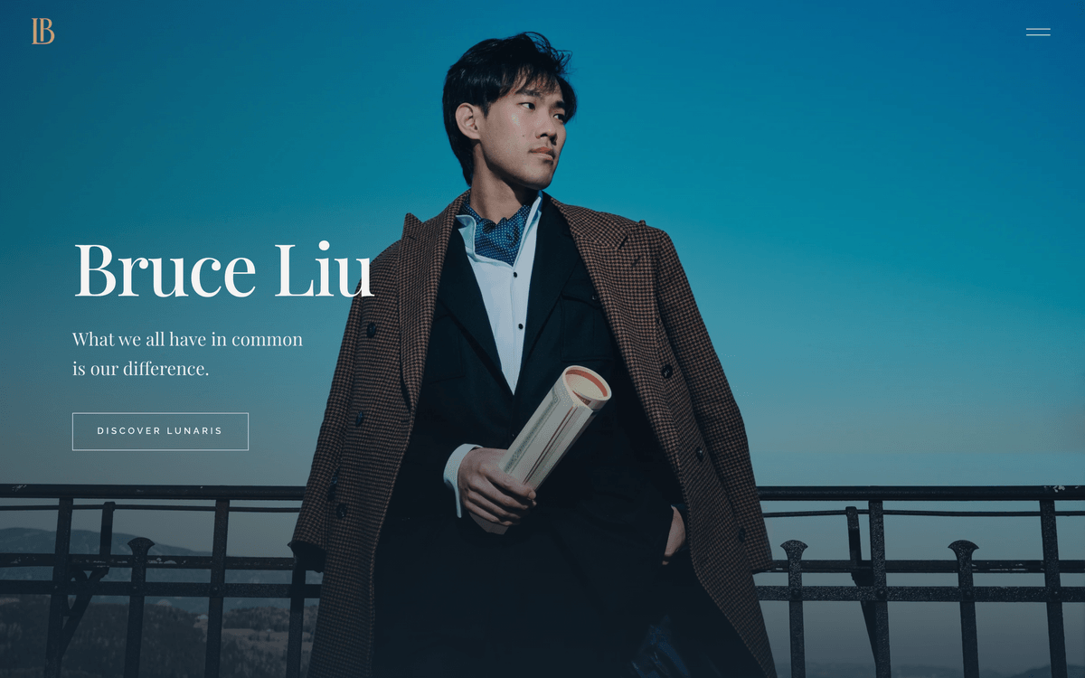 Bruce Liu website homepage with a full-screen portrait